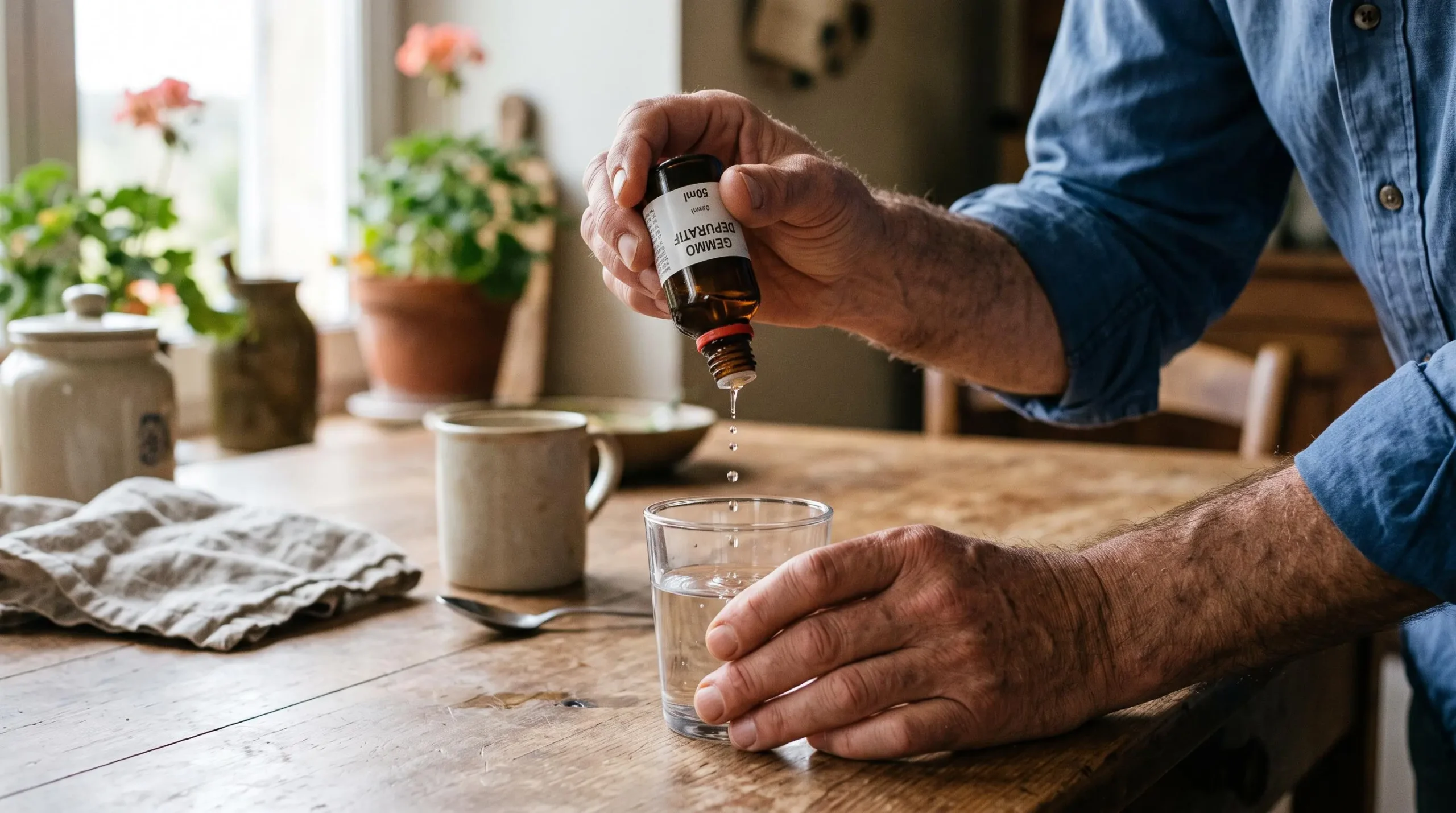 Mains masculines tenant un flacon compte-goutte de gemmothérapie au-dessus d'un verre d'eau, en train de doser les gouttes avec précision
