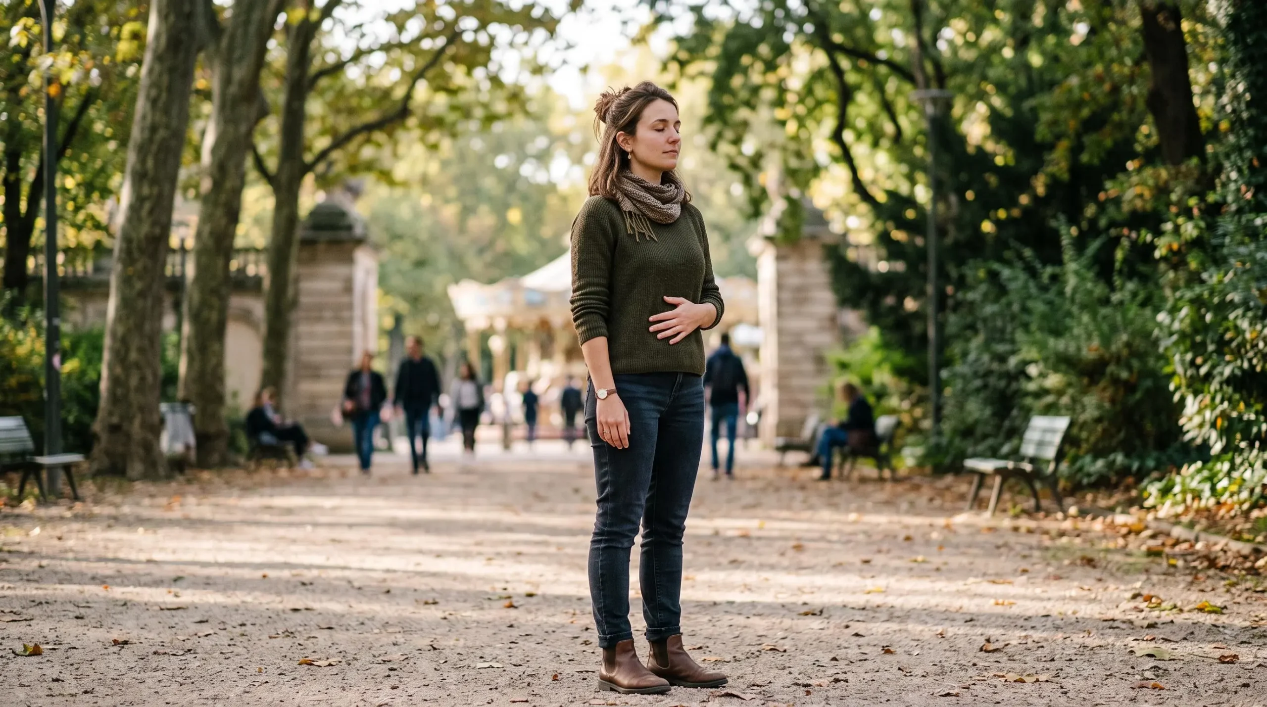 Jeune femme debout dans un parc, yeux fermés, main sur le ventre, pratiquant un exercice de respiration profonde