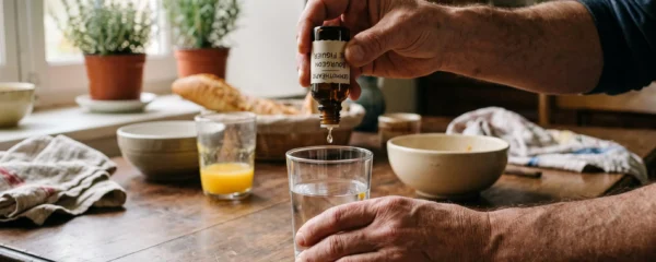 Femme d'âge moyen versant des gouttes de macérât de bourgeons depuis un flacon compte-goutte dans un verre d'eau, sur une terrasse avec plantes en arrière-plan