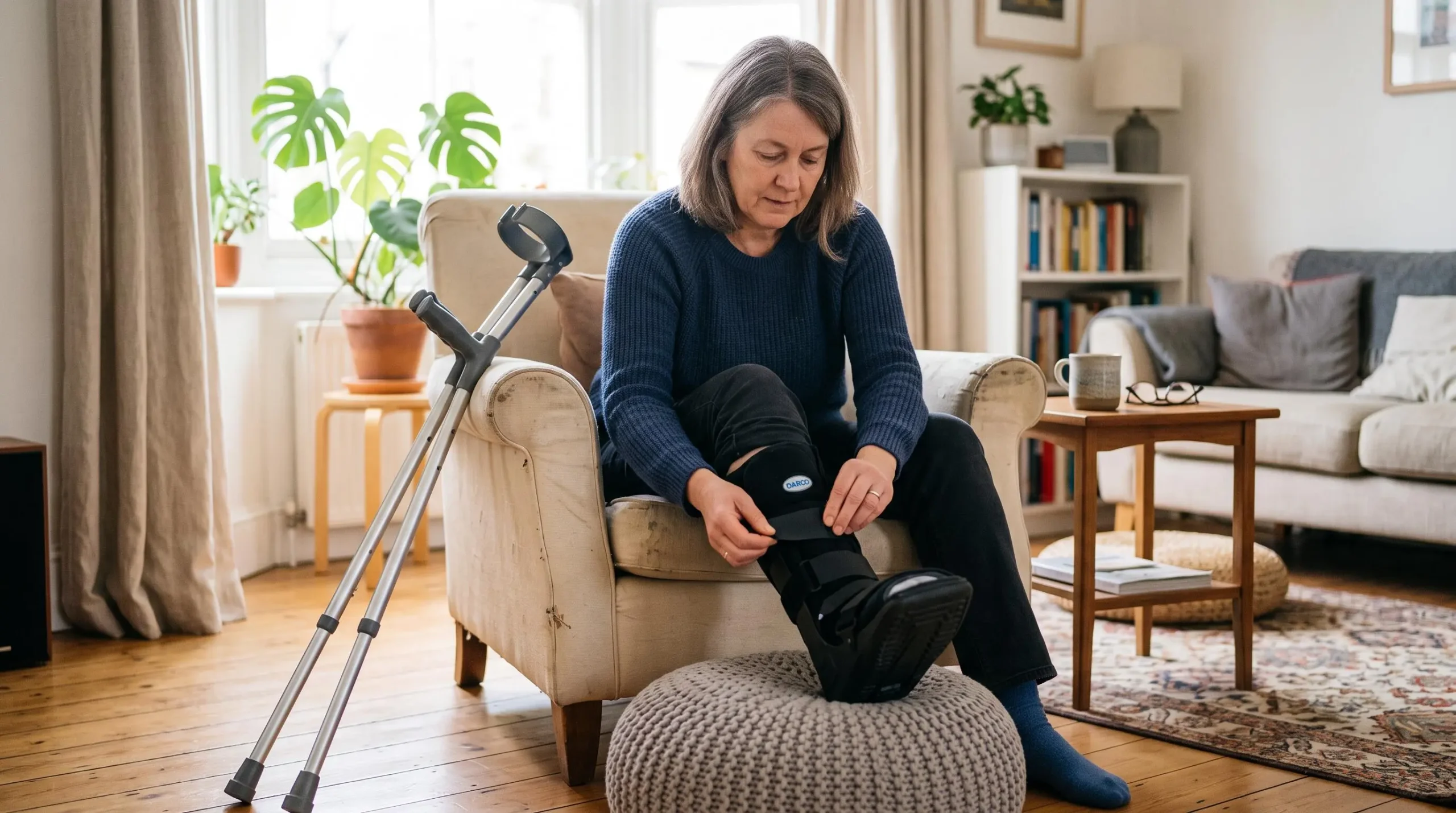 Une femme assise chez elle porte une chaussure post-opératoire et des béquilles après une opération du pied.